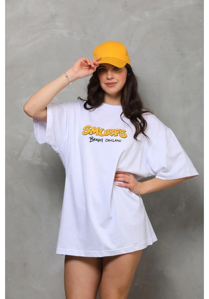 kadın Bisiklet Yaka Baskılı Oversize T-Shirt - Beyaz