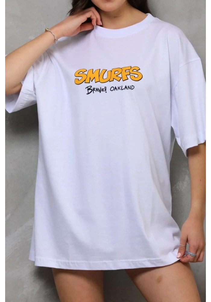 kadın Bisiklet Yaka Baskılı Oversize T-Shirt - Beyaz