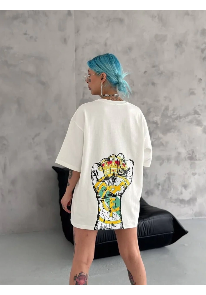 Kadın Kısa Kol Yazlık Tişört Bisiklet Yaka Baskılı Oversize T-Shirt - Beyaz