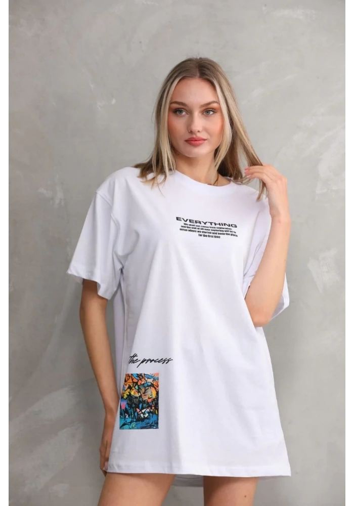 kadın Bisiklet Yaka Baskılı Oversize T-Shirt - Beyaz