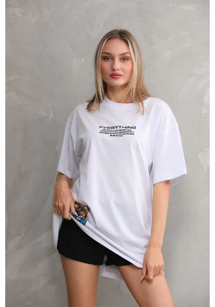 kadın Bisiklet Yaka Baskılı Oversize T-Shirt - Beyaz