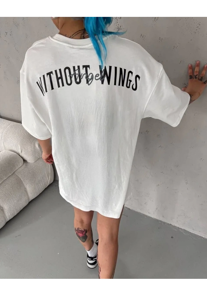 Kadın Kısa Kol Yazlık Tişört Bisiklet Yaka Baskılı Oversize T-Shirt - Beyaz