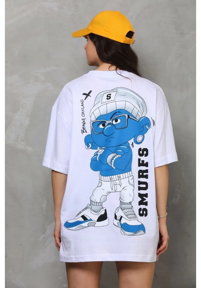 kadın Bisiklet Yaka Baskılı Oversize T-Shirt - Beyaz