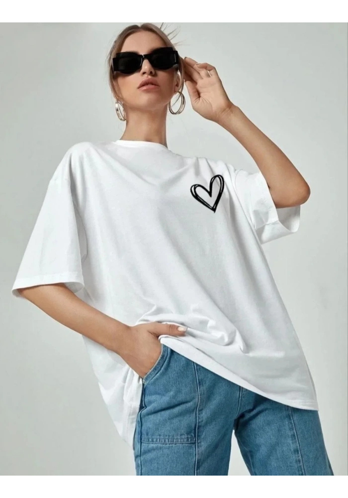 Kadın Bisiklet Yaka Baskılı Oversize T-Shirt - Beyaz