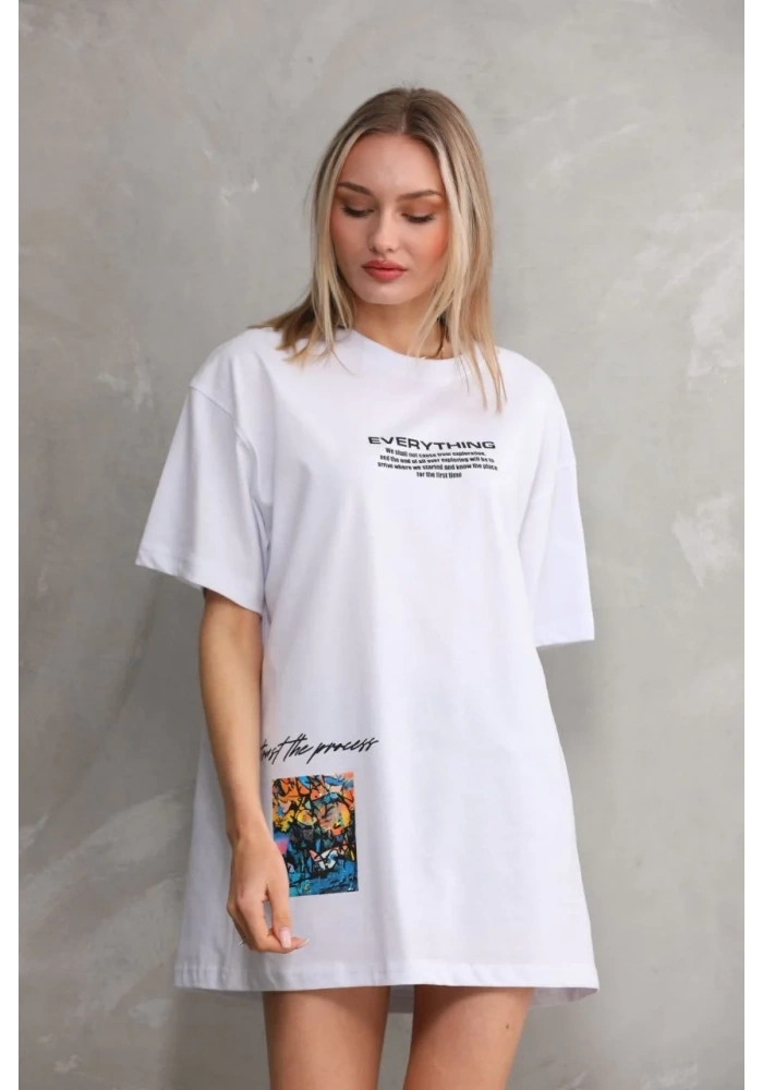 kadın Bisiklet Yaka Baskılı Oversize T-Shirt - Beyaz