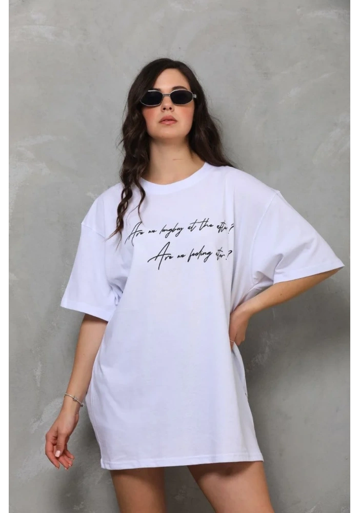 Kadın Kısa Kol Yazlık Tişört Bisiklet Yaka Baskılı Oversize T-Shirt - Beyaz