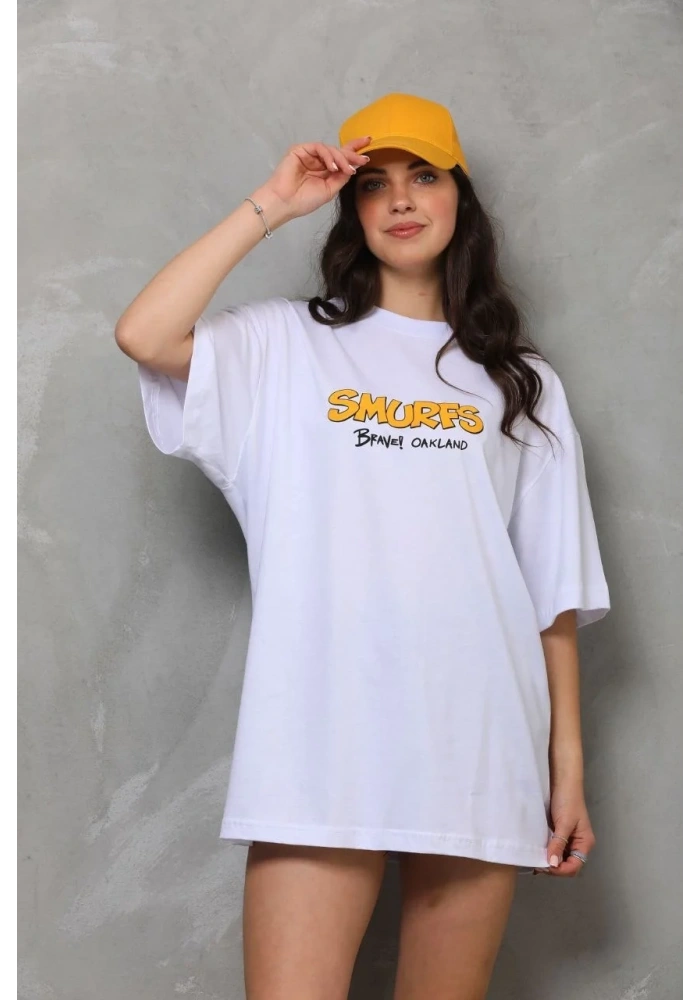 kadın Bisiklet Yaka Baskılı Oversize T-Shirt - Beyaz