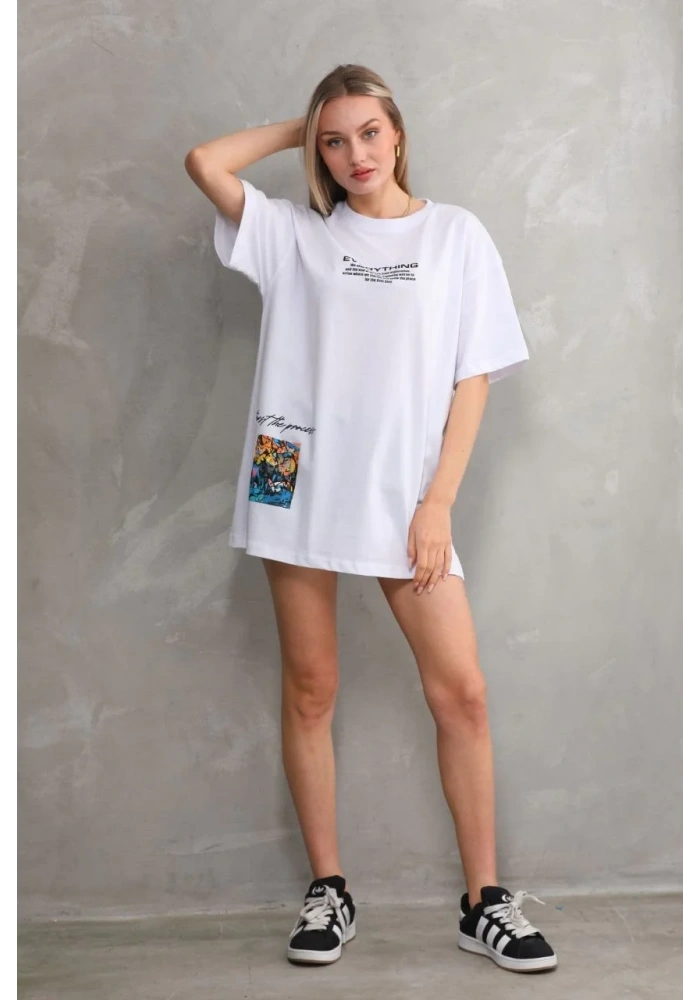 kadın Bisiklet Yaka Baskılı Oversize T-Shirt - Beyaz