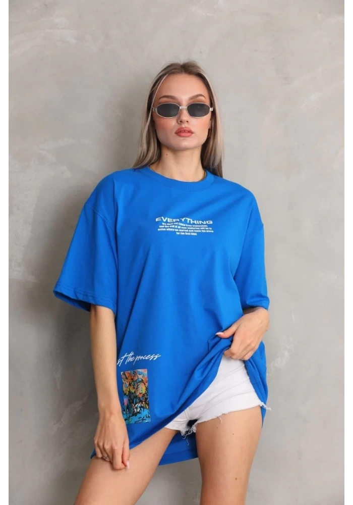 kadın Bisiklet Yaka Baskılı Oversize T-Shirt - Mavi