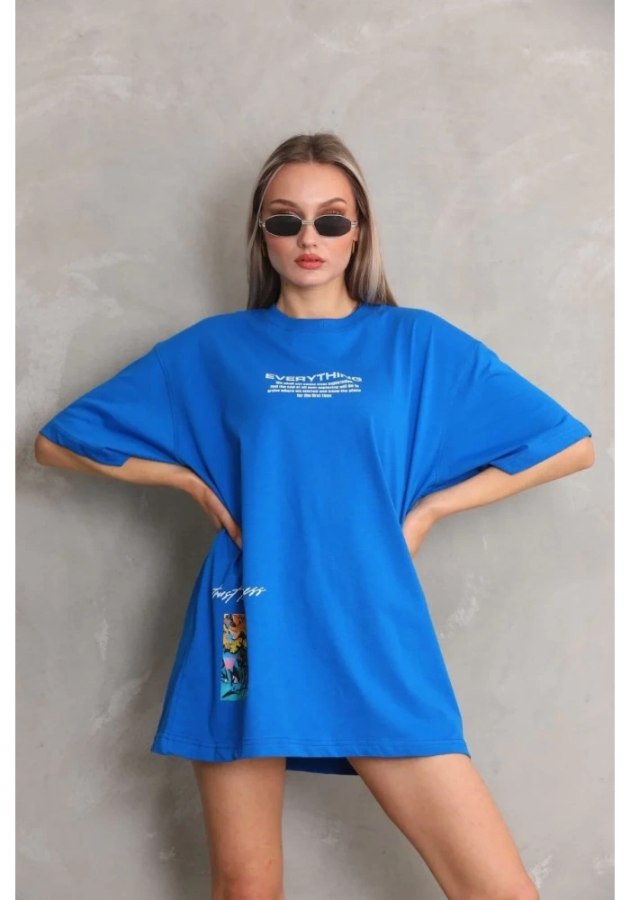 kadın Bisiklet Yaka Baskılı Oversize T-Shirt - Mavi