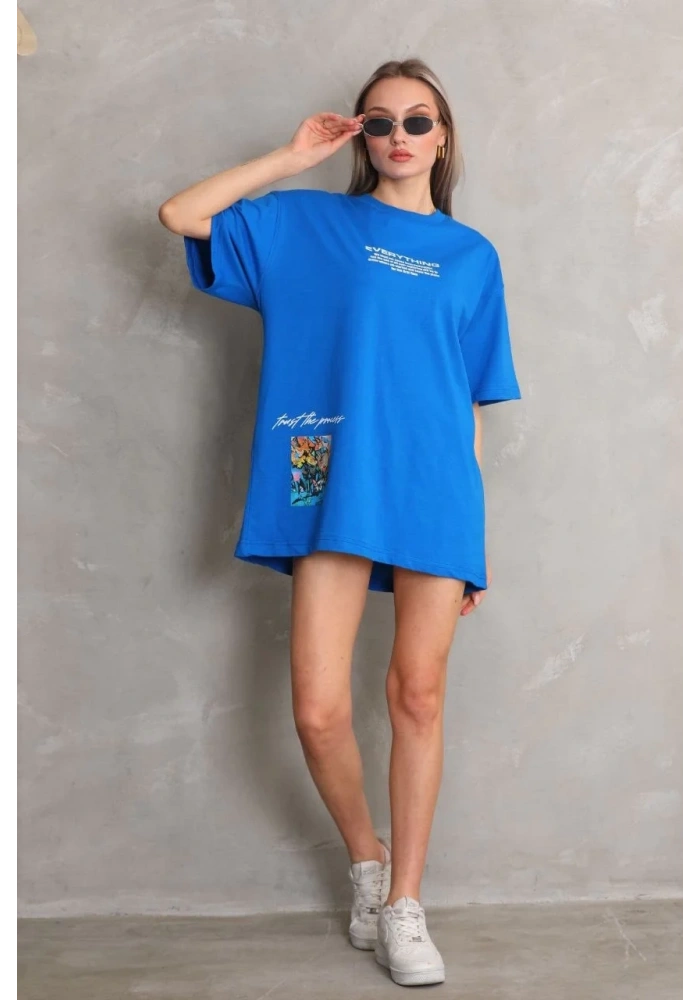 kadın Bisiklet Yaka Baskılı Oversize T-Shirt - Mavi