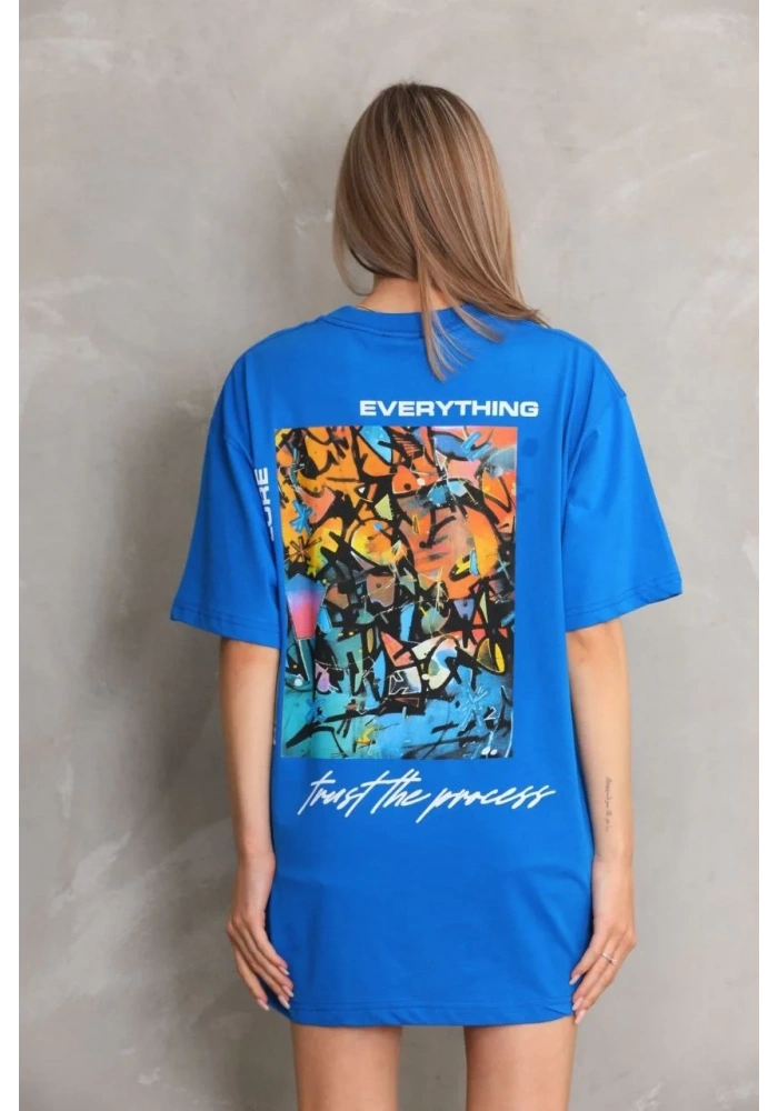 kadın Bisiklet Yaka Baskılı Oversize T-Shirt - Mavi