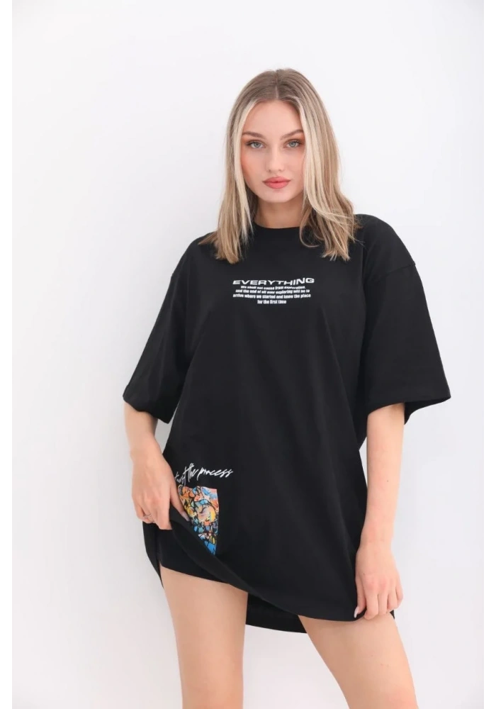 kadın  Bisiklet Yaka Baskılı Oversize T-Shirt - Siyah