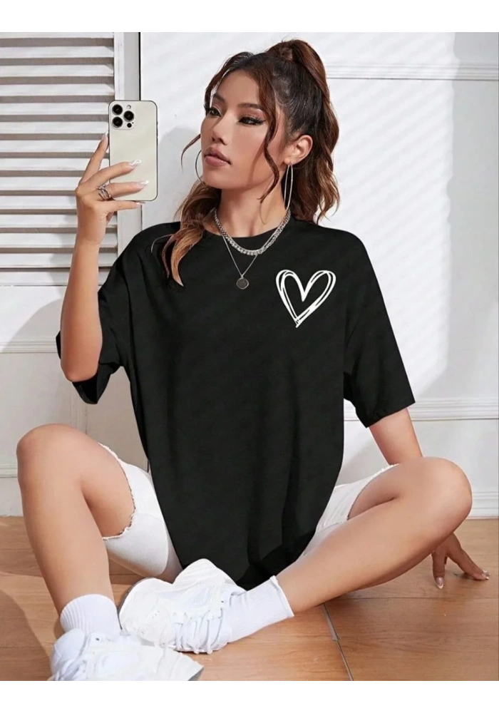 Kadın Tişört Bisiklet Yaka Baskılı Oversize T-Shirt - Siyah