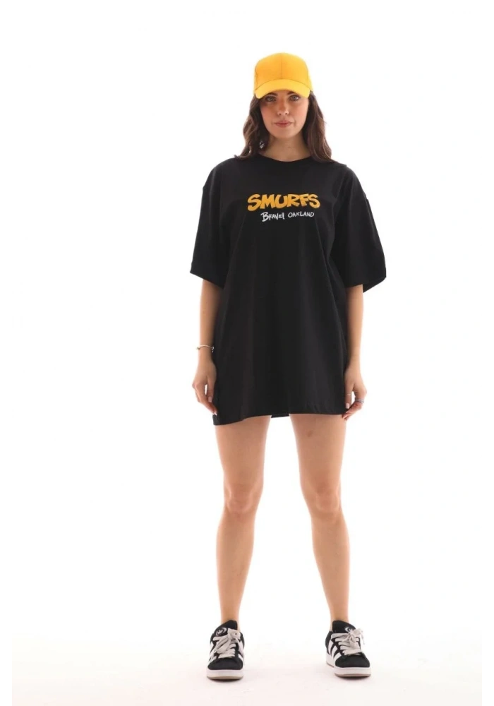 Kadın Kısa Kol Yazlık Tişört Bisiklet Yaka Baskılı Oversize T-Shirt - Siyah