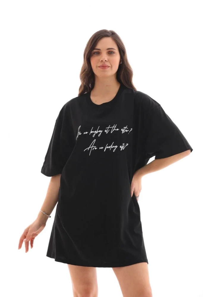 Kadın Kısa Kol Yazlık Tişört Bisiklet Yaka Baskılı Oversize T-Shirt - Siyah