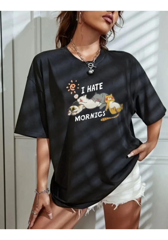 Kadın Bisiklet Yaka Baskılı Oversize T-Shirt - Siyah