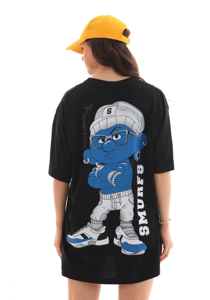 Kadın Kısa Kol Yazlık Tişört Bisiklet Yaka Baskılı Oversize T-Shirt - Siyah