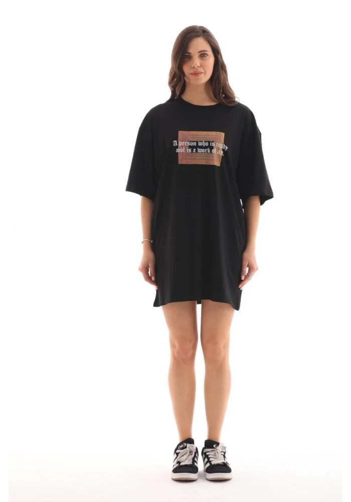 Kadın Baskılı T-Shirt Kısa Kol Bisiklet Yaka Oversize Rahat Kalıp Tişört - Siyah