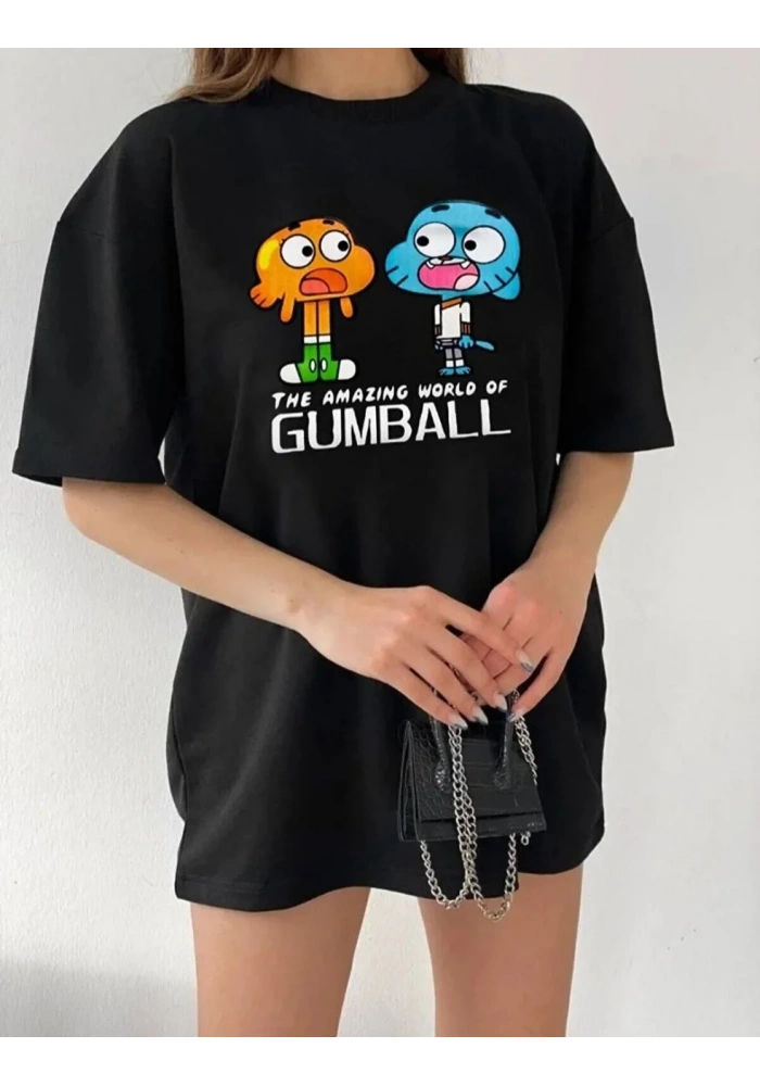 Kadın Kısa kol Tişört Bisiklet Yaka Baskılı Oversize T-Shirt - Siyah