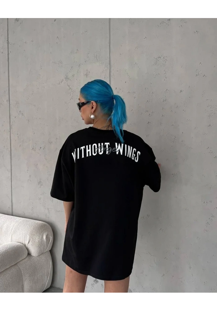 Kadın Kısa Kol Yazlık Tişört Bisiklet Yaka Baskılı Oversize T-Shirt -  Siyah