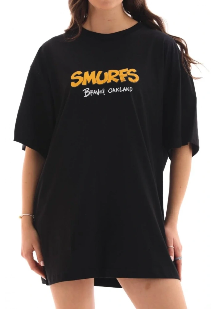 Kadın Kısa Kol Yazlık Tişört Bisiklet Yaka Baskılı Oversize T-Shirt - Siyah