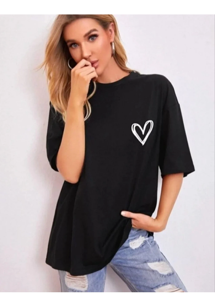 Kadın Bisiklet Yaka Baskılı Oversize T-Shirt - Siyah