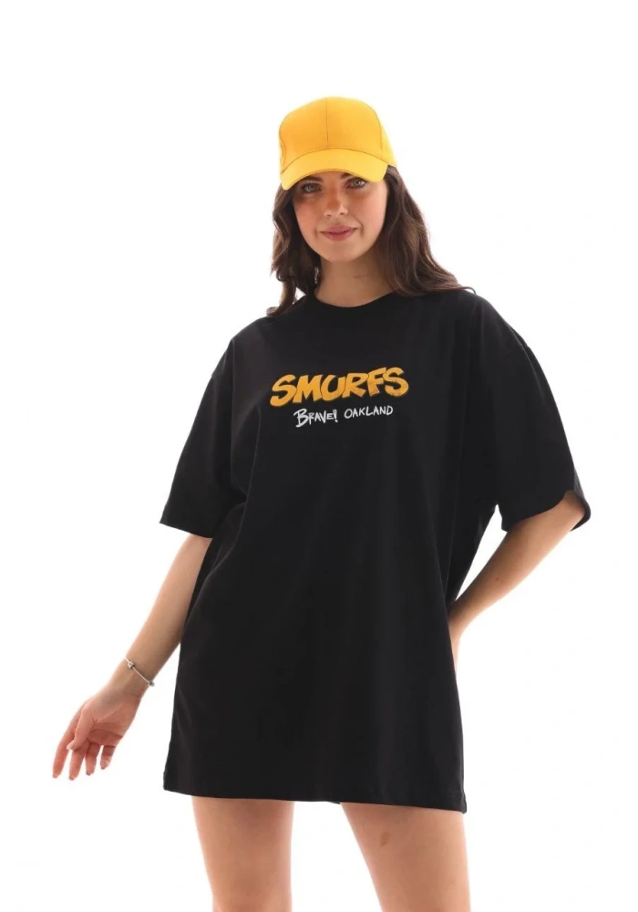 Kadın Kısa Kol Yazlık Tişört Bisiklet Yaka Baskılı Oversize T-Shirt - Siyah