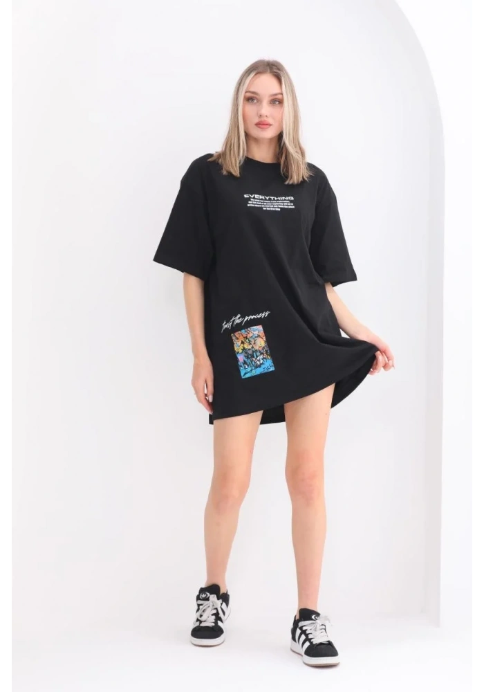 kadın  Bisiklet Yaka Baskılı Oversize T-Shirt - Siyah
