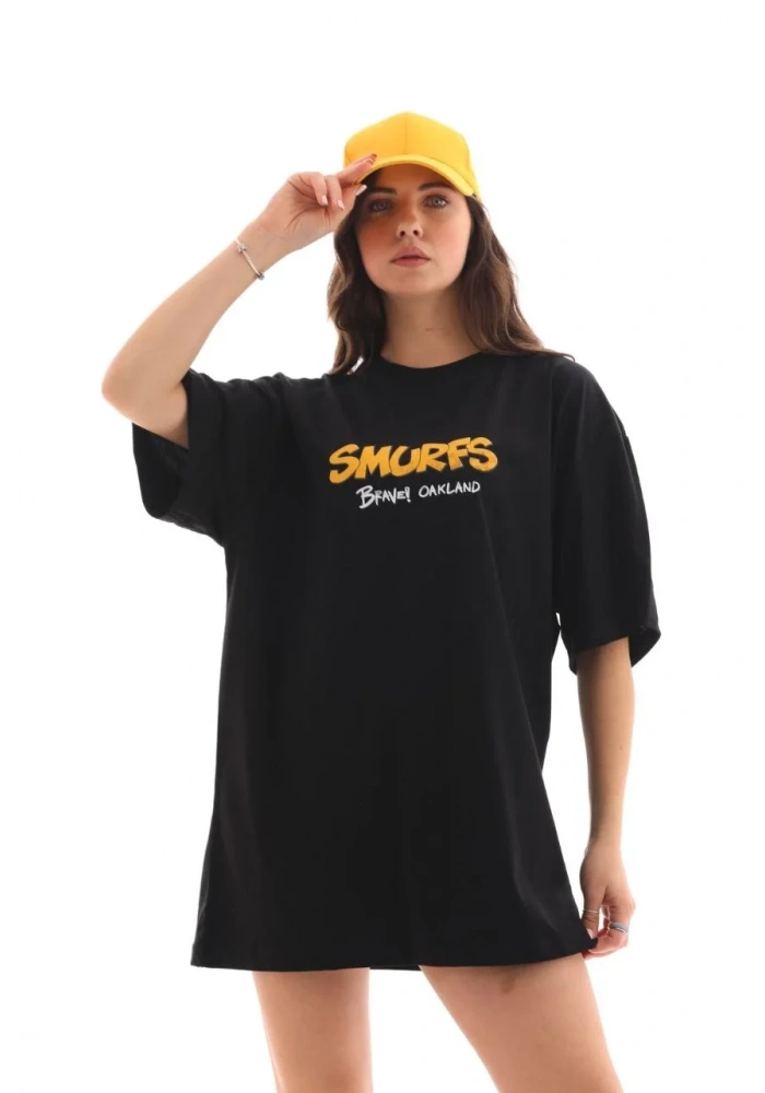 Kadın Kısa Kol Yazlık Tişört Bisiklet Yaka Baskılı Oversize T-Shirt - Siyah
