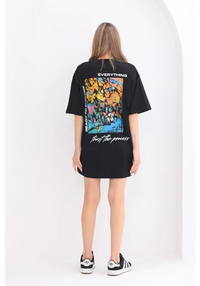 kadın  Bisiklet Yaka Baskılı Oversize T-Shirt - Siyah