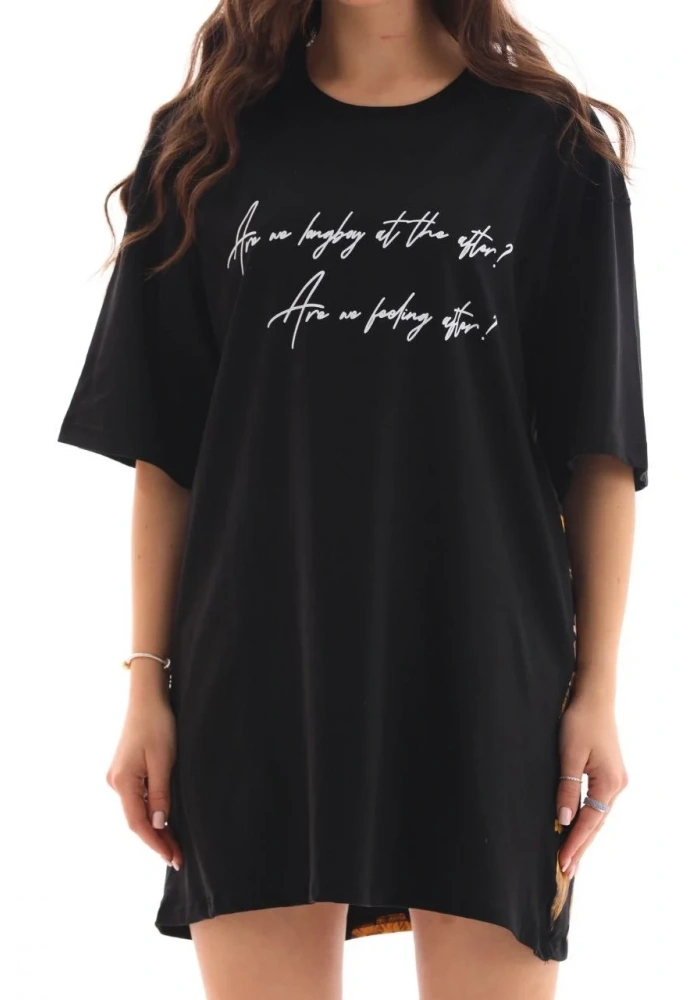 Kadın Kısa Kol Yazlık Tişört Bisiklet Yaka Baskılı Oversize T-Shirt - Siyah