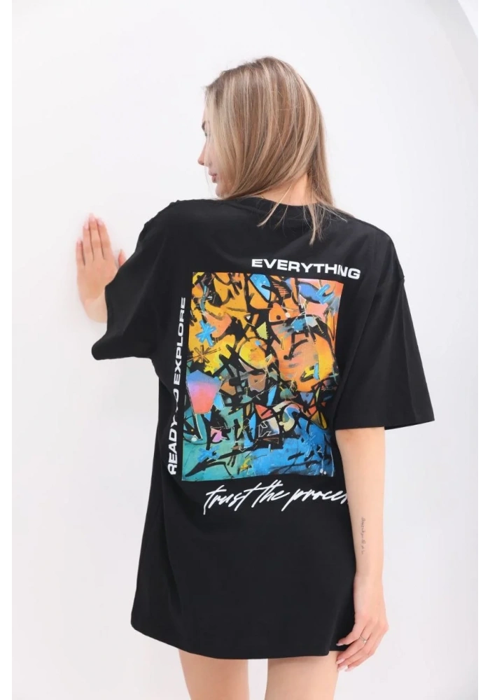 kadın  Bisiklet Yaka Baskılı Oversize T-Shirt - Siyah