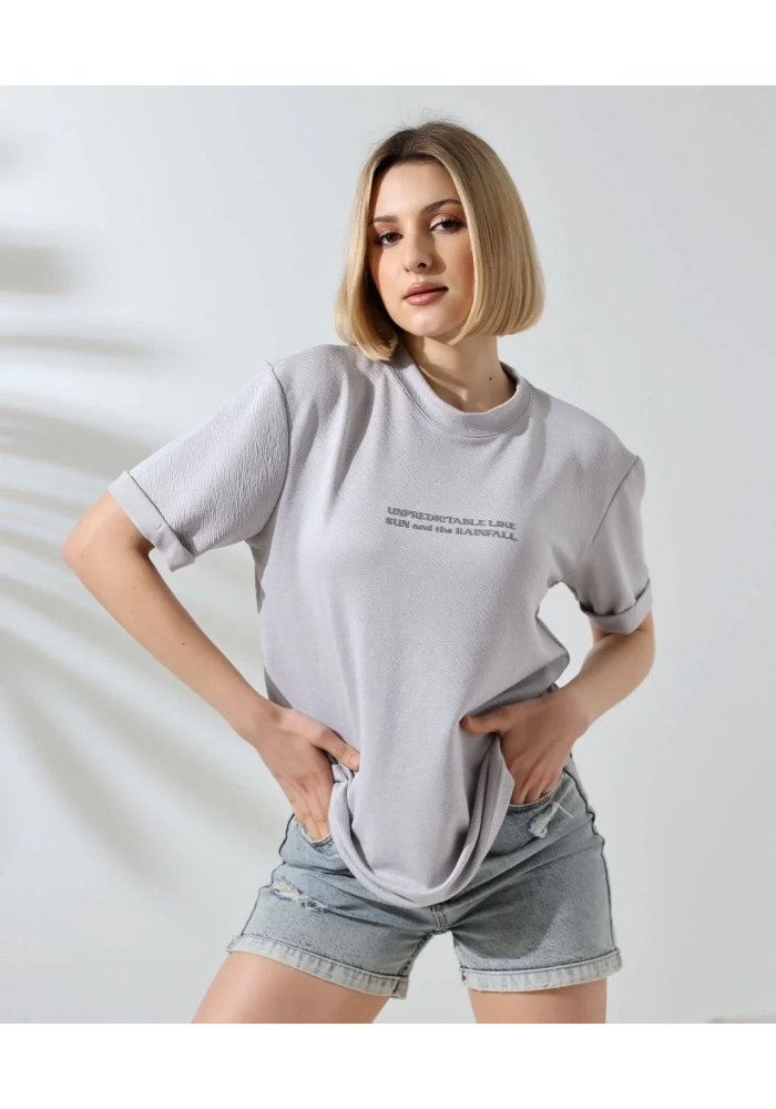 Kadın Bisiklet Yaka Baskılı Slim Fit T-Shirt - Boyalı Gri
