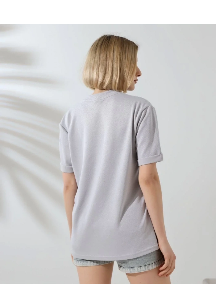 Kadın Bisiklet Yaka Baskılı Slim Fit T-Shirt - Boyalı Gri