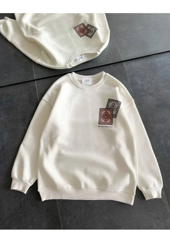 Kadın Bisiklet Yaka Kilim Halı Baskılı 3 İplik Pamuklu Sweatshirt - Beyaz