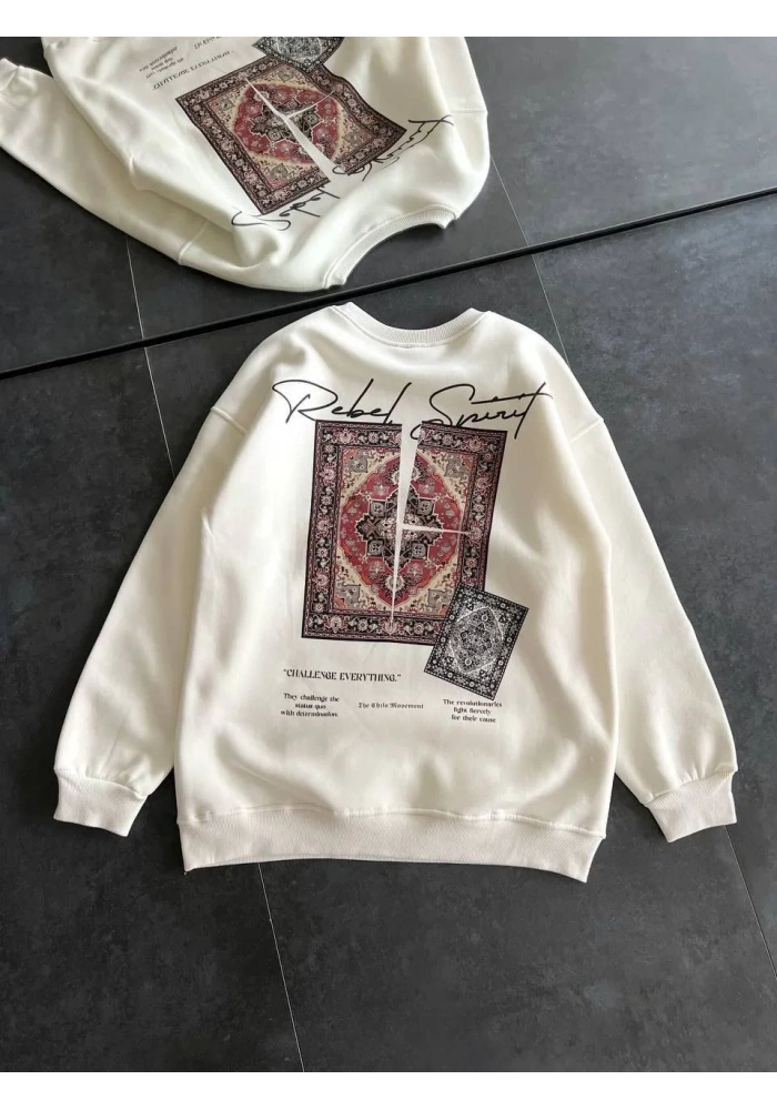 Kadın Bisiklet Yaka Kilim Halı Baskılı 3 İplik Pamuklu Sweatshirt - Beyaz