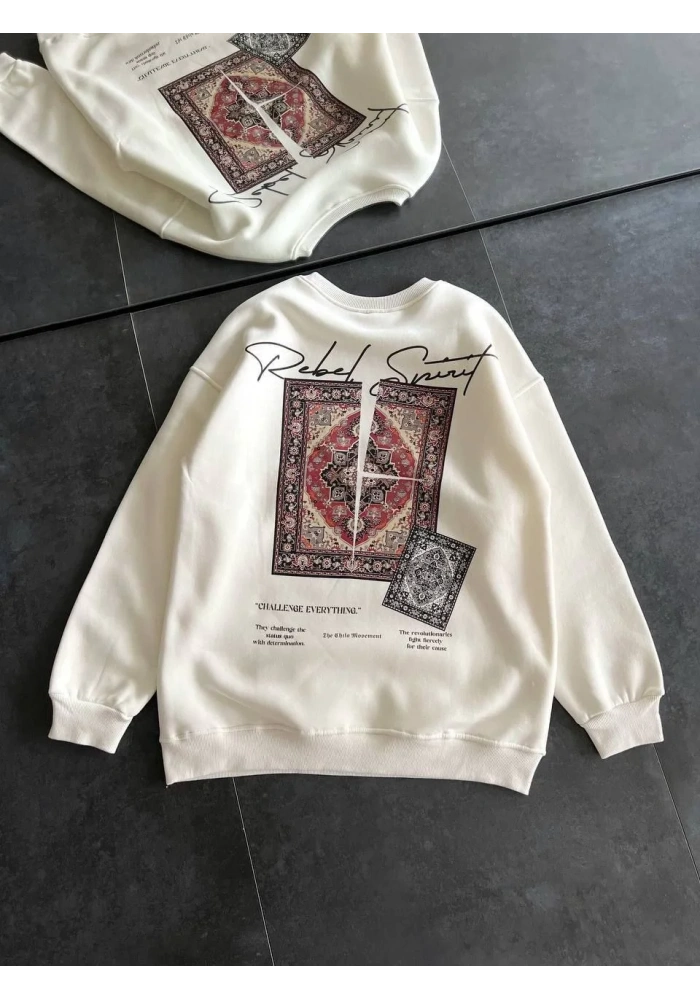 Kadın Bisiklet Yaka Baskılı SweatShirt - Beyaz