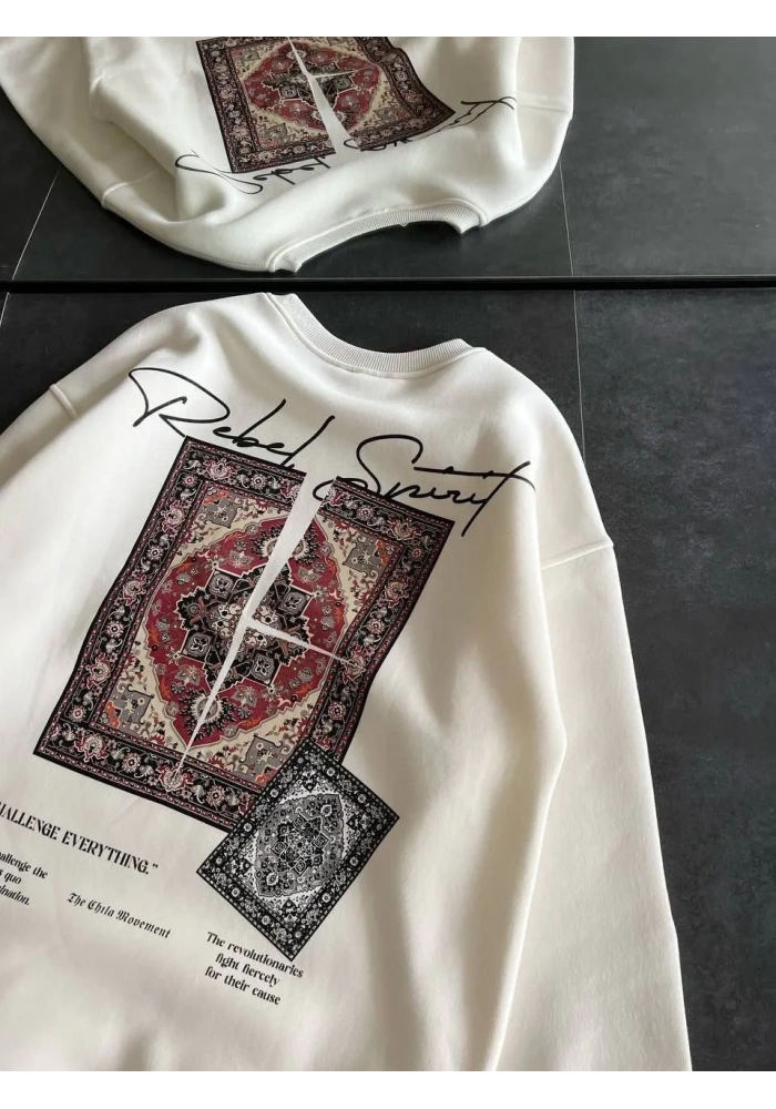 Kadın Bisiklet Yaka Kilim Halı Baskılı 3 İplik Pamuklu Sweatshirt - Beyaz