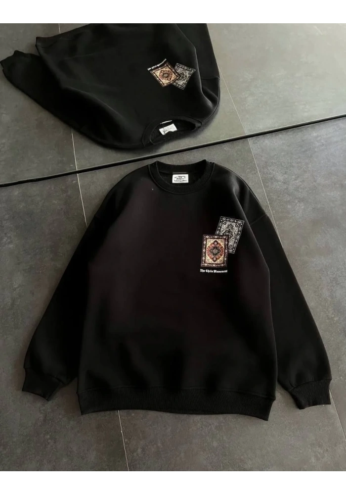 Kadın Bisiklet Yaka Kilim Halı Baskılı 3 İplik Pamuklu Sweatshirt - Siyah