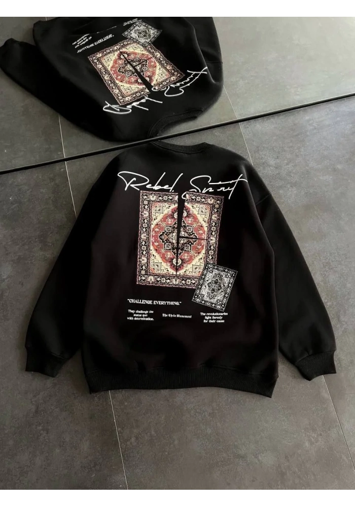 Kadın Bisiklet Yaka Kilim Halı Baskılı 3 İplik Pamuklu Sweatshirt - Siyah