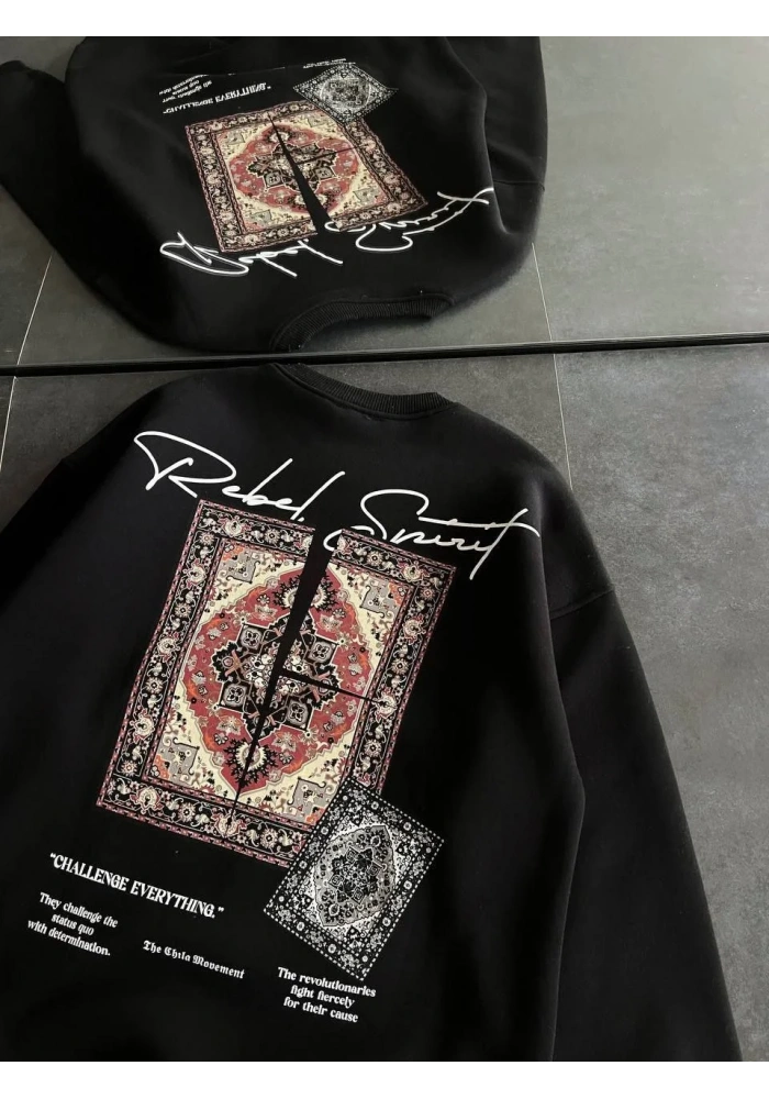 Kadın Bisiklet Yaka Baskılı SweatShirt - Siyah