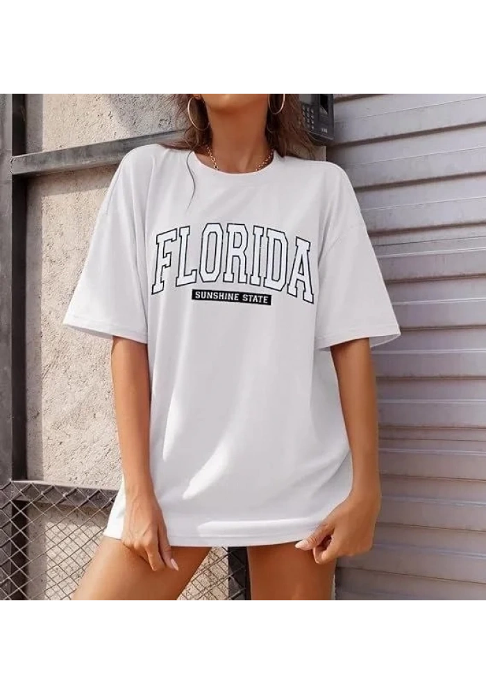 Kadın Kısa Kol Yazlık Tişört Bisiklet Yaka FLORIDA Baskılı T-Shirt - Beyaz