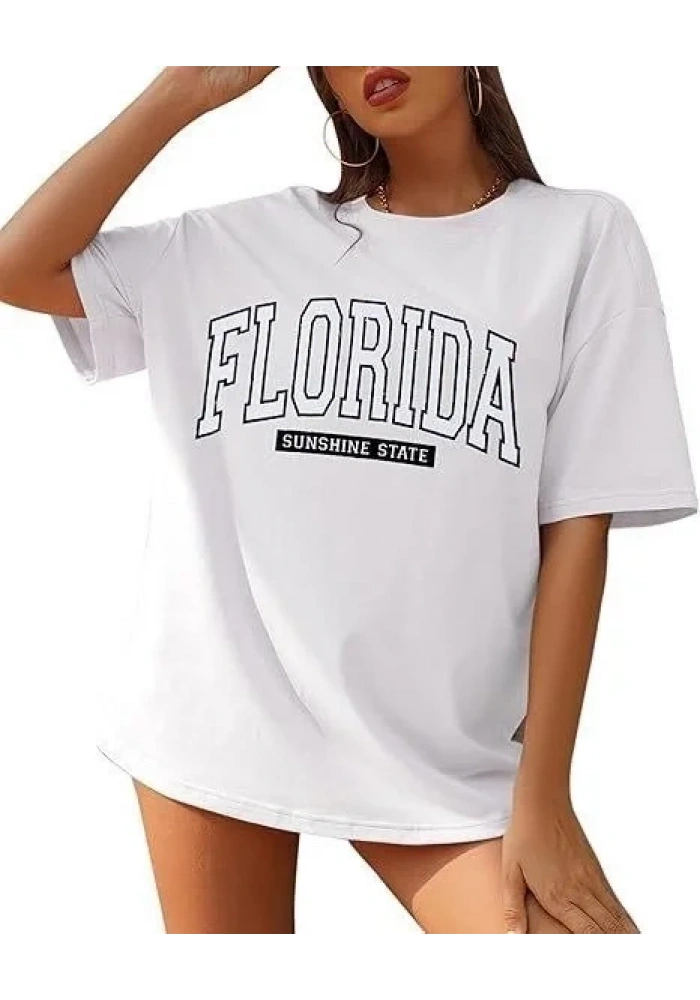 Kadın Kısa Kol Yazlık Tişört Bisiklet Yaka FLORIDA Baskılı T-Shirt - Beyaz