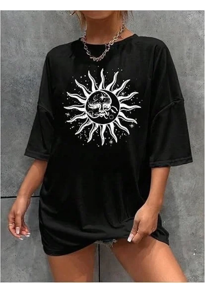 Kadın Baskılı T-Shirt Kısa Kol Bisiklet Yaka Regular Fit Rahat Kalıp Tişört - Siyah