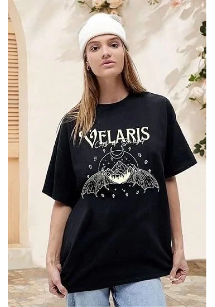 Kadın Baskılı T-Shirt Kısa Kol Bisiklet Yaka Oversize Rahat Kalıp Tişört - Siyah