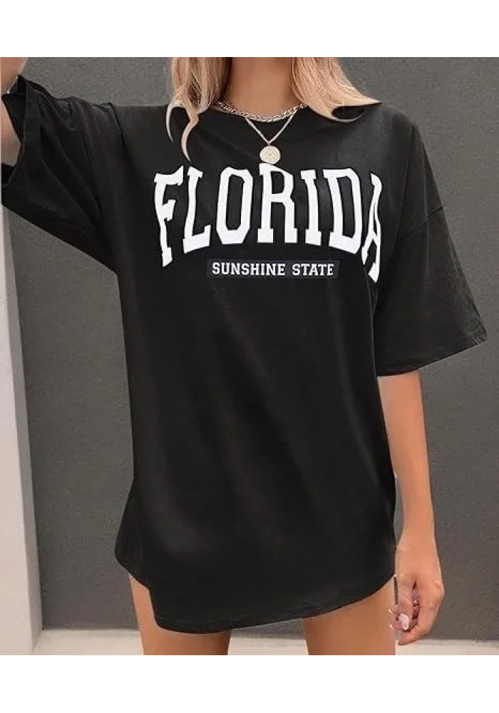 Kadın Kısa Kol Yazlık Tişört Bisiklet Yaka FLORIDA Baskılı T-Shirt - Siyah
