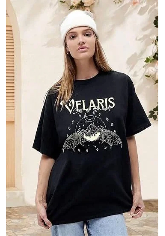 Kadın Bisiklet Yaka Baskılı T-shirt - Siyah