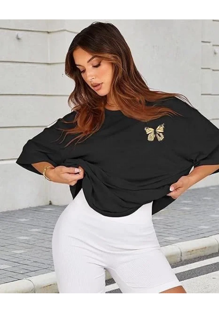 Kadın Bisiklet Yaka Baskılı T-shirt - Siyah