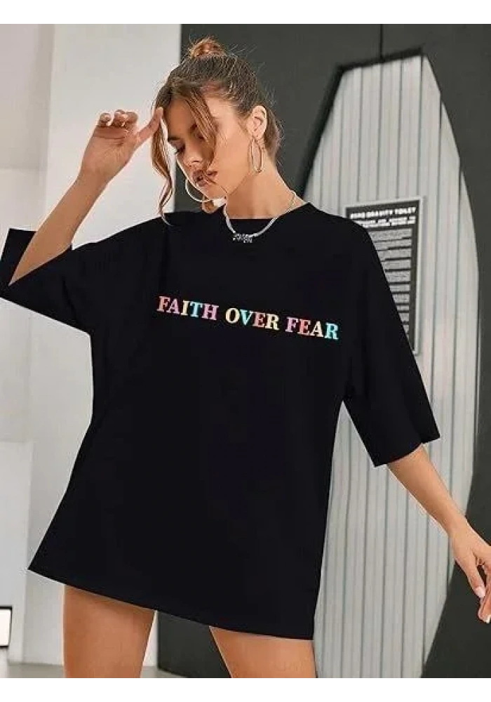 Kadın Bisiklet Yaka Baskılı T-shirt - Siyah